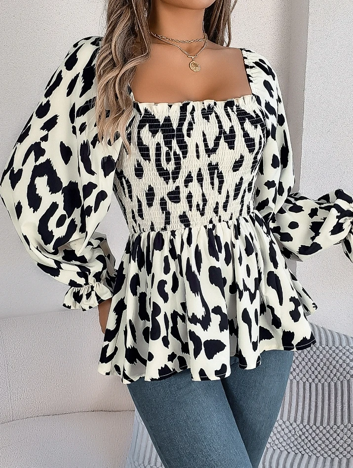 Casual Square Neck Leopard Print Long Sleeved Chiffon Shirt for Women women\'s blouses trend 2025