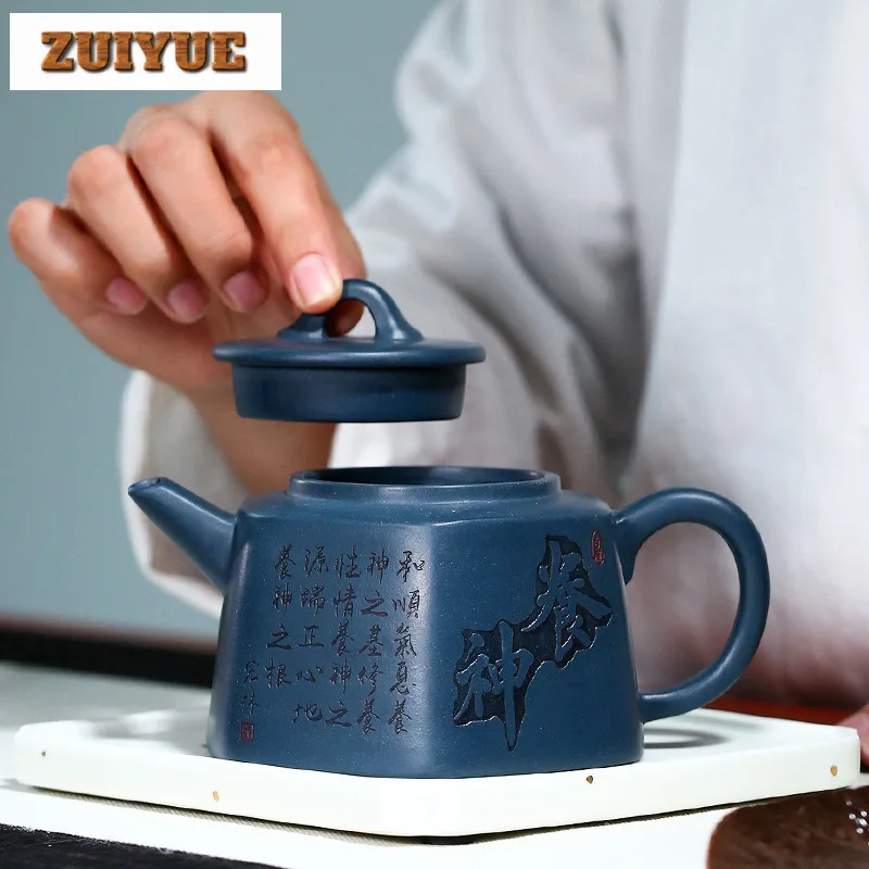 370ml Elegant Yixing Purple Clay Teapots Handmade Hexagonal Pot Raw Ore Azure Mud Tea Making Kettle Zisha Tea Set Cha Collection