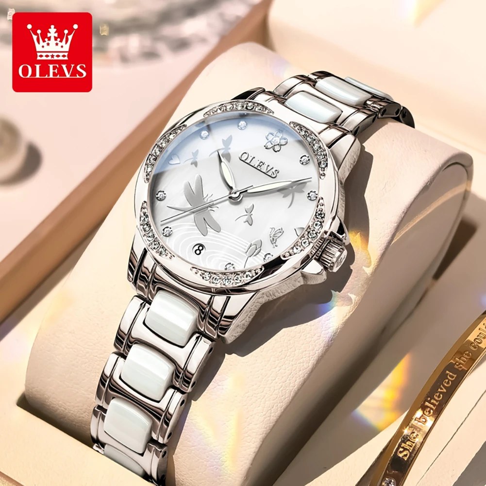 OLEVS 6610 Women's Mechanical Watches Elegant Ceramics Strap Ladies Watch Luxury Waterproof Luminous Function Watch for Women