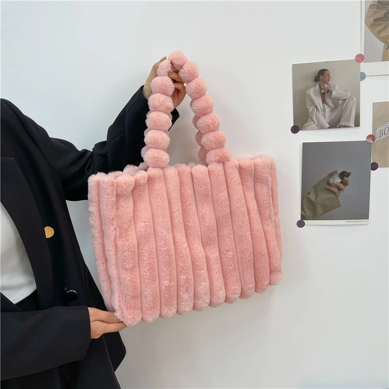 Faux Fur Soft Winter Tote Bag For Women Square Solid Striped Plush Handbag Woman Casual Large Shoulder Bag Cute Purse Female