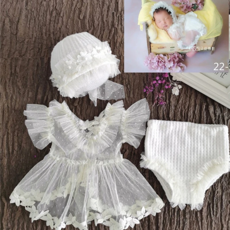 

0-1Month Newborn Photography Props Baby Hat Headband Lace Romper Bodysuits Outfit Baby Girl Dress Costume Photography Clothing