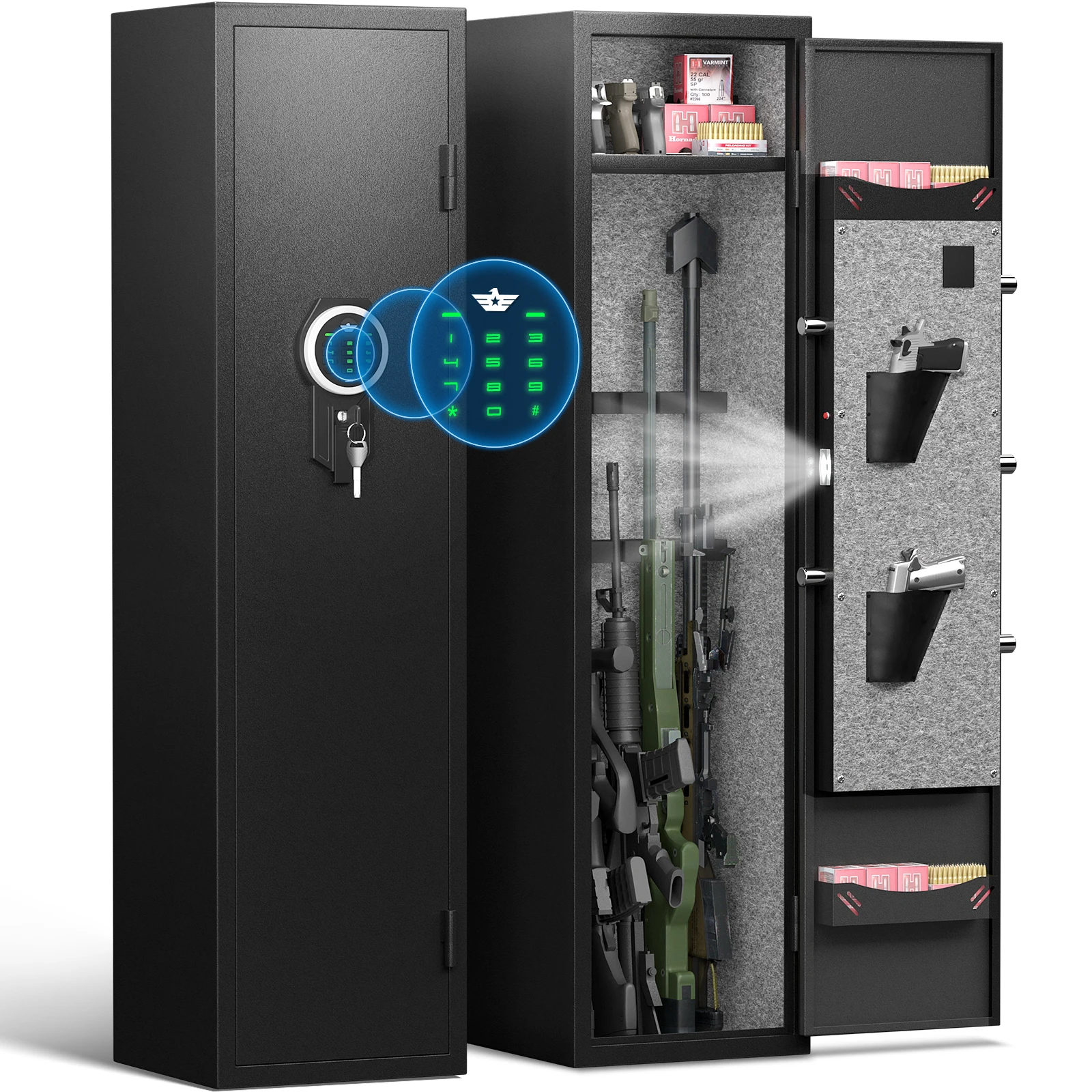 Kavey Digital Large Long Gun Safe, Quick Access Gun Cabinets with LED Light, Adjustable Gun Rack and Removable Shelf