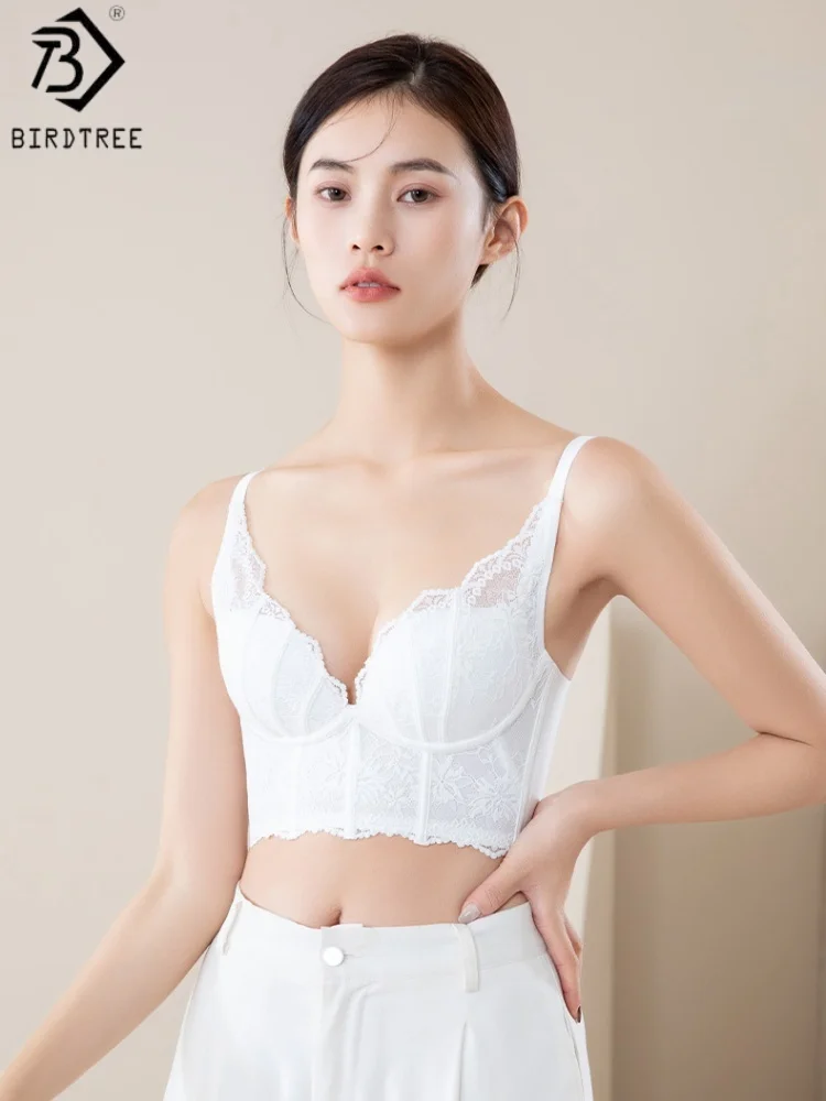 Birdtree, Silk Blended Solid Bra, Women's 3/4 Cup Underwear, Soft Lace Breathable Brassiere, 2026 New, White, Black A62402JF