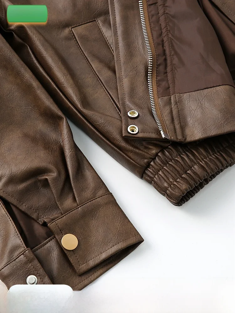 Brown Leather Jaet Women's Loose Motorcycle Sle ort Soft Leather Coat Vintage American Jaet Spring Autumn Outerwear
