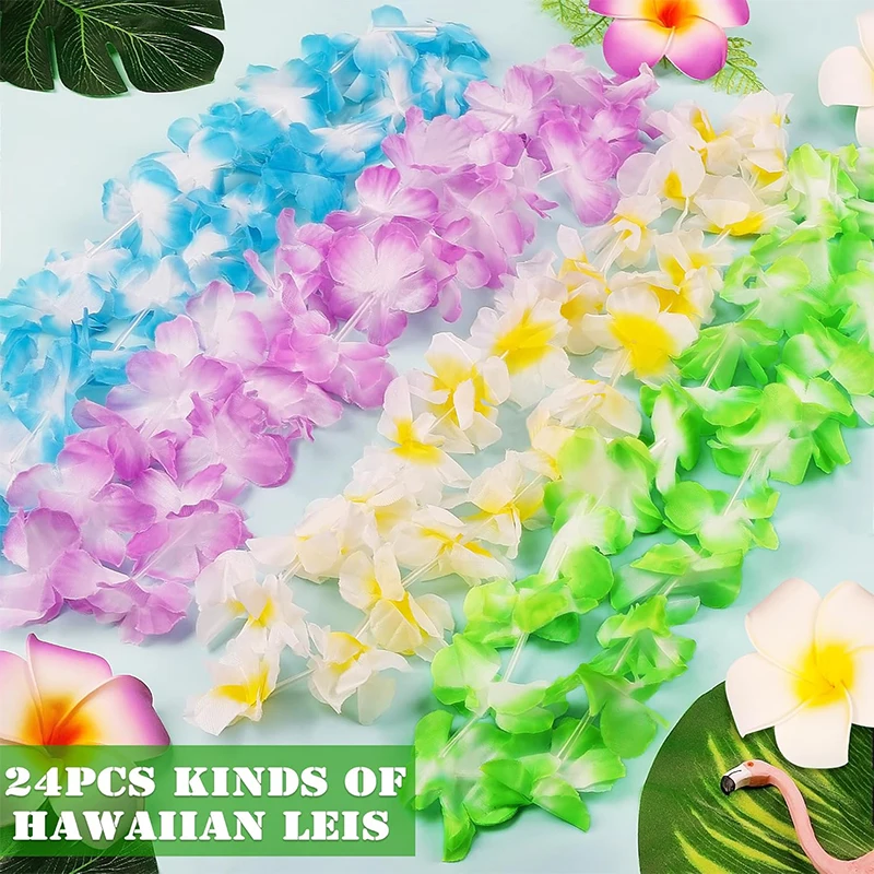 6/12/24Pcs Hawaiian Leis Party Flower Necklace Colorful Tropical Hawaiian Bulk Summer Beach Holiday Pool Birthday Party Decor