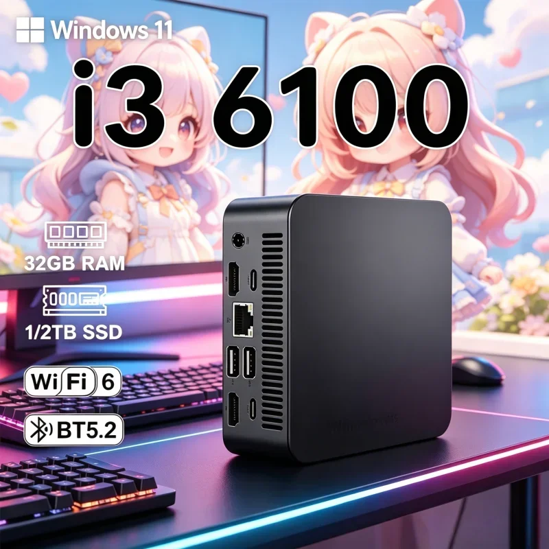 Robust Petite MINI PC Windows 11 Pro Core I3 6100 32GB RAM 1TB 2TB SSD WIFI 6 BT5.2 4K HD Steady E-sports Gaming