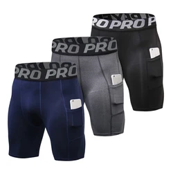 Short de compression de sport pour homme avec poches, caleçon athlétique en polyester, entraînement de gym, course à pied, basket-ball, vélo