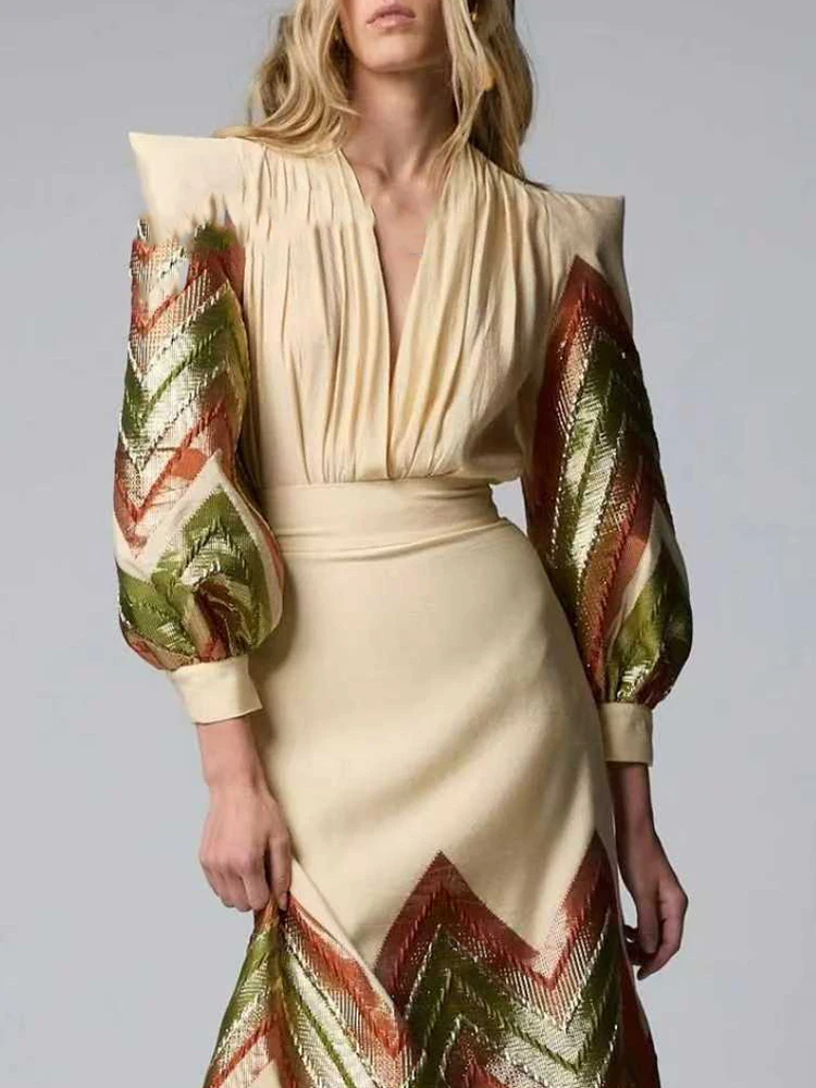 

New 2026 Spring Sequined Women's Two Piece Fashion V-neck Long Sleeved Pullover Suit Casual High Waist A-line Skirt Banquet Set