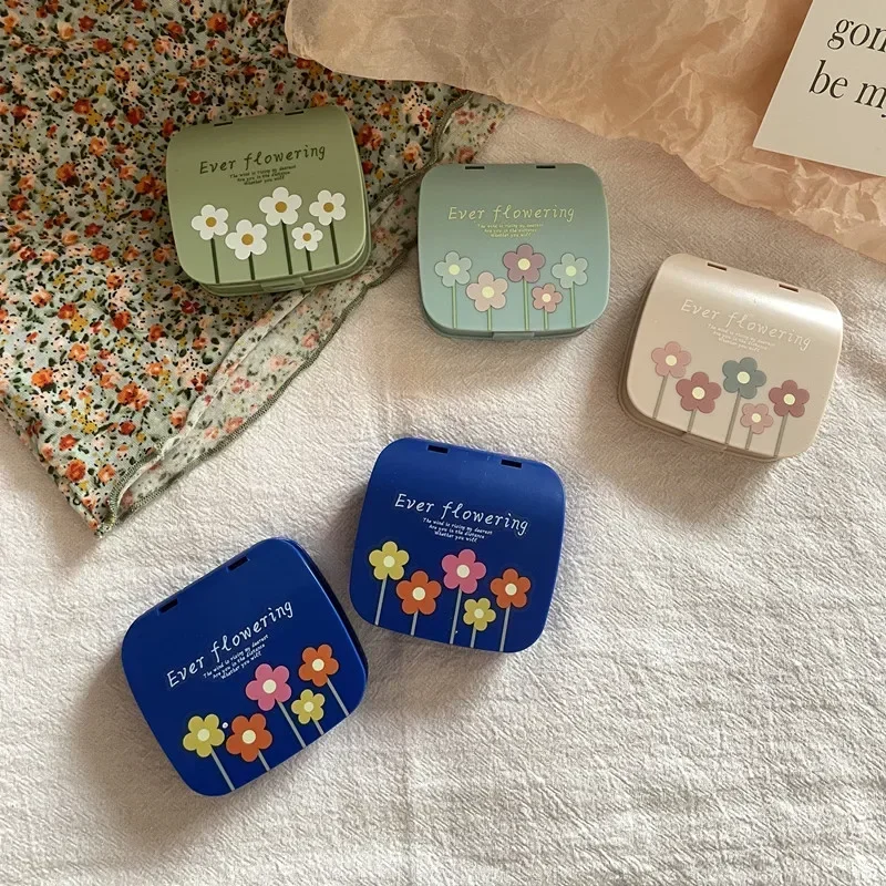 Beauty Floral Contact Lens Container Box coreano Women Color Flower Contact Lens Case Travel Portable Mirror pinzette Set Box