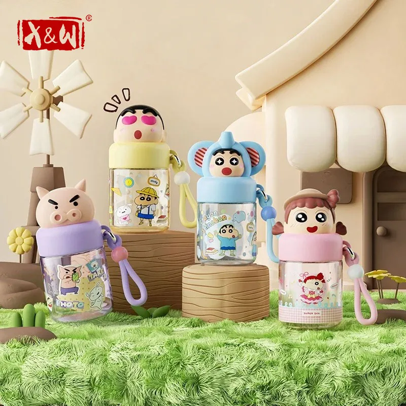 X&W Crayon Shin Chan Cartoon Children's Water Bottle  Leak Proof Water Bottle with Doll Lid and Carrying Rope Portable Mini Cup