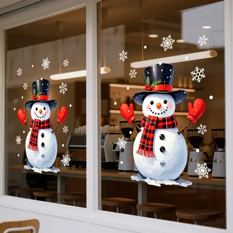 1Set Christmas Window Glass Sticker Static Sticker with Snowman and White Snowflakes for Home Windows Holiday Party Decorations