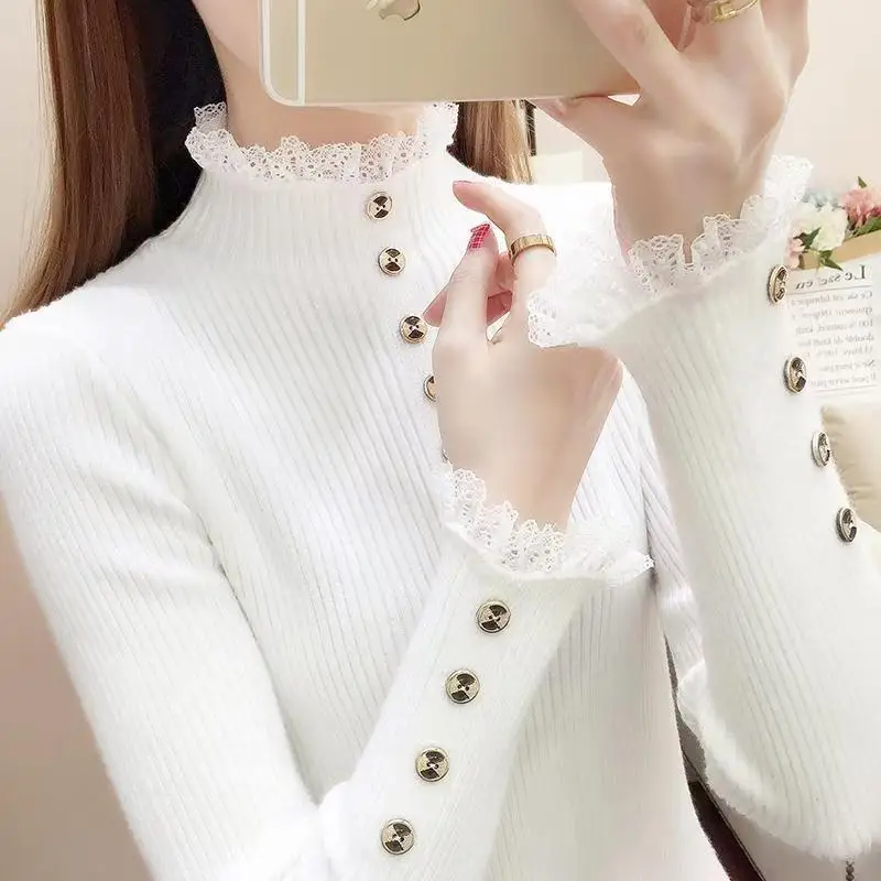 Otoño Invierno mujeres pulóver suéteres de encaje de manga larga medio cuello alto de un solo pecho señoras Slim trabajo fiesta suéter de punto