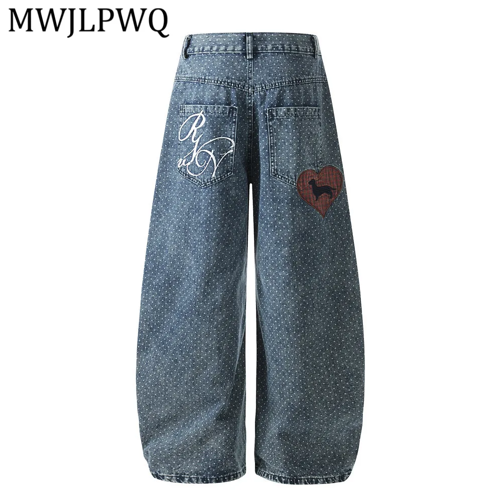 

MWJLPWQ Embroidery Curved Denim Trousers For Men American Retro Pockets Distressed Loose Wide-Leg Pants Spring Trendy 13741