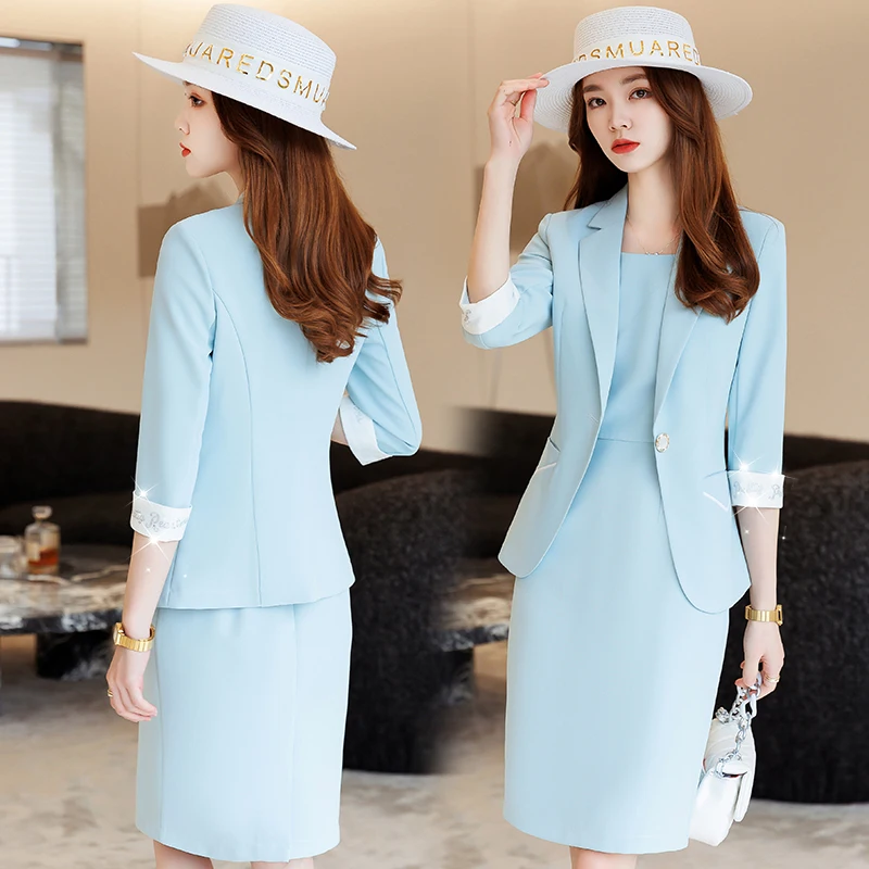 Korean Spring Summer Dress Suits Women Fashion Two Piece Set Outfits Blazer Top Office Ladies Formal OL Work Professional Wear