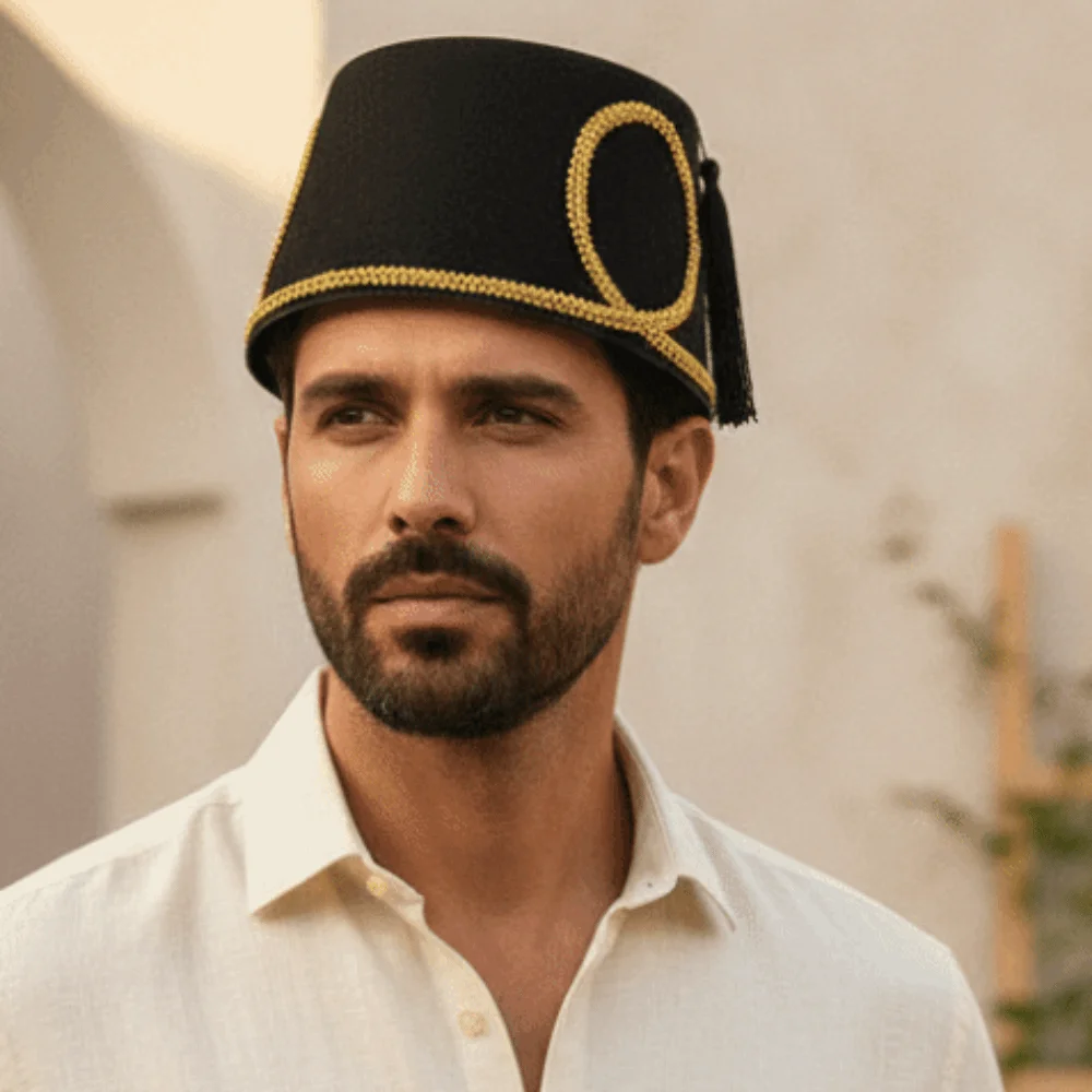 Black Tassel Turkish Fez Hat Wool Felt Fabric Gold Braid Edge Morocco Cap One Size Fits All Stiff Structure Felt Party Hats