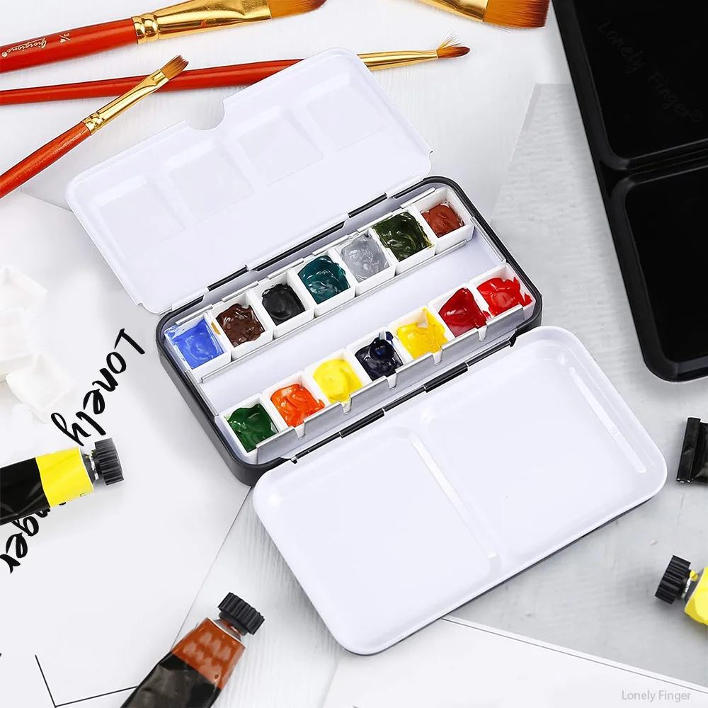 لوحة ألوان مائية فارغة: لوحة ألوان مائية للسفر مع 14 نصف مقالي - صندوق قصدير معدني محمول #4