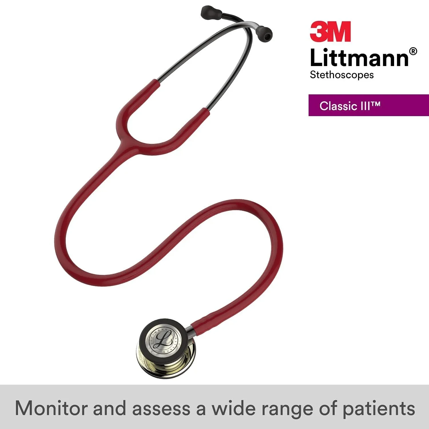 5864 3M Littmann Classic III Stethoscope, Champagne Chestpiece, Burgundy Tube, 27 inch