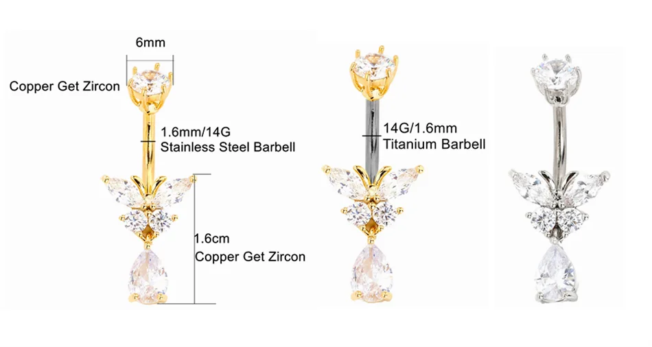 Crystal Butterfly Navel Rings Dangling Water Drop Zircon 14G Titanium Curved Barbell Navel Belly Button Piercing Women Jewelry view 6
