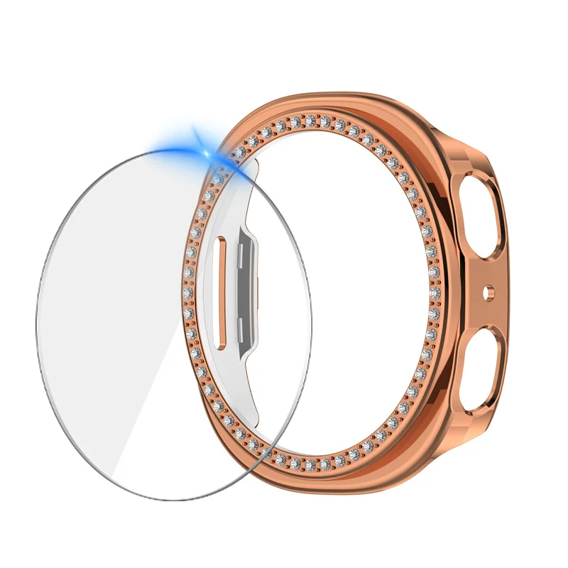 Casing Berlian + Kaca untuk Jam Tangan Samsung Galaxy 8 40Mm 44Mm Pelindung Layar Penutup Bumper PC Bling untuk Aksesori Jam Tangan Galaxy 8