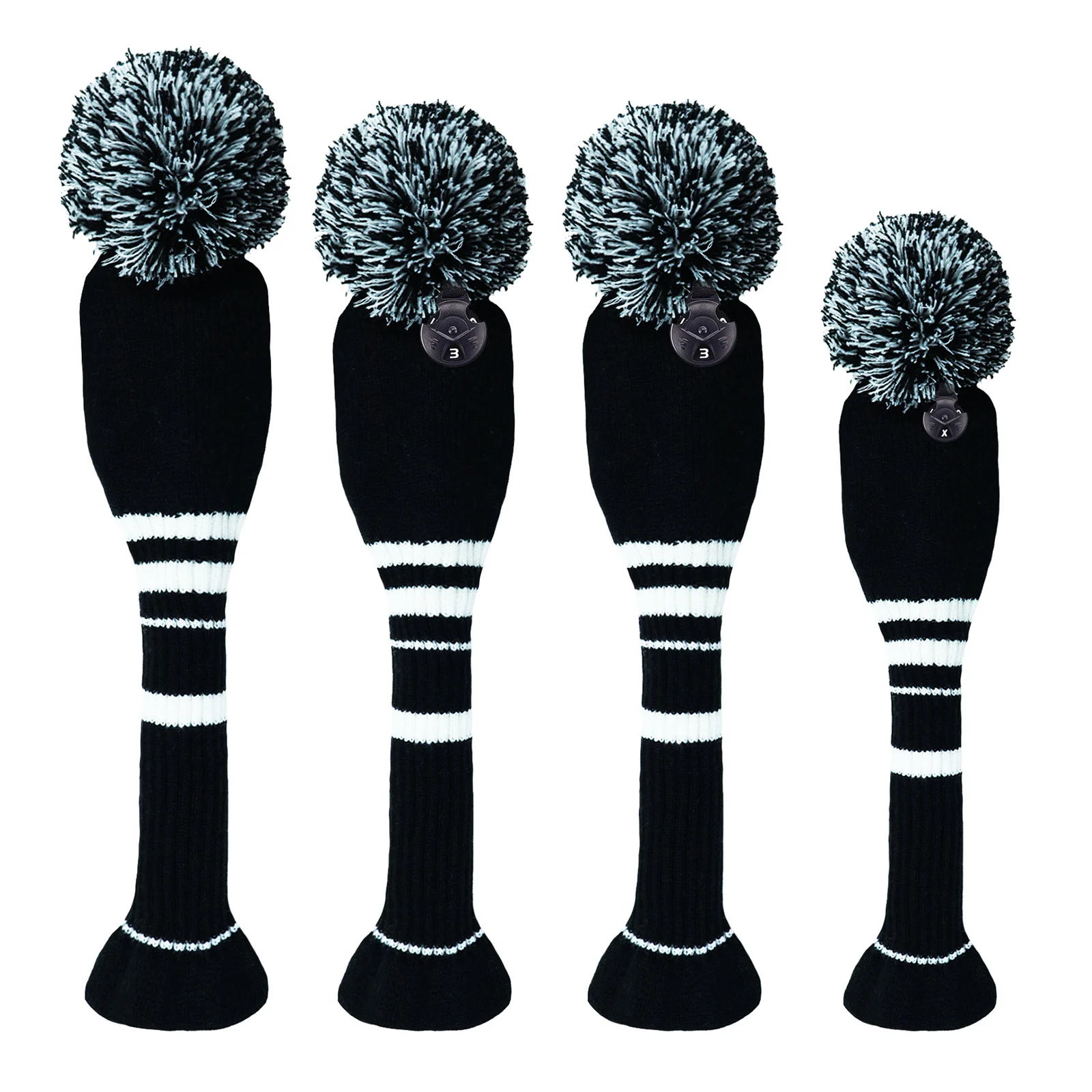 

Knitted Golf Club Head Covers 4Pcs/Set | Stretchable Pom-Pom Cover for Driver & Fairway Wood | Striped Contrast Colors
