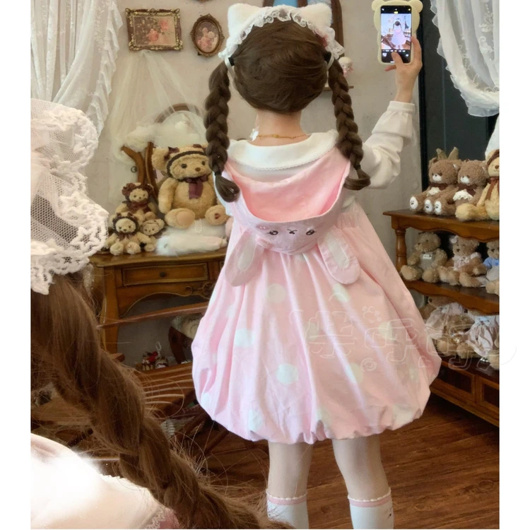 Original japonês macio meninas kawaii morango impressão vestido com capuz jsk 2025 nova filha y2k lolita vestido de aniversário feminino