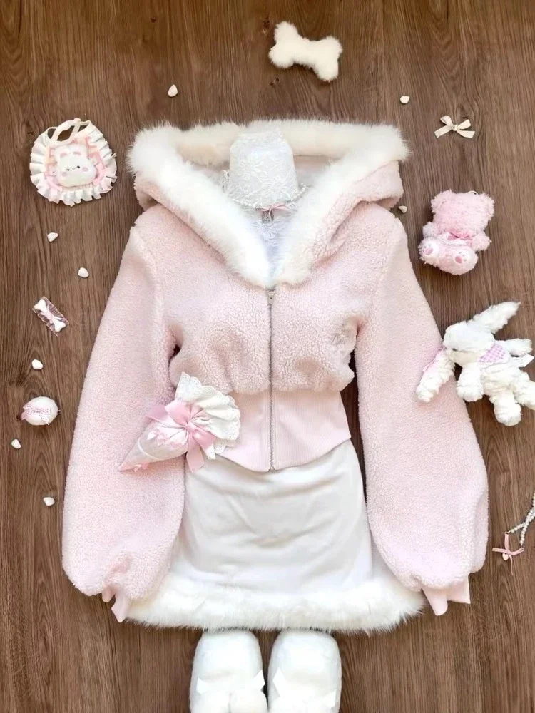 

Autumn Winter Elegant Sweet 2 Piece Set Women Cute Zipper Hooded Long Sleeve Short Coat Female + Y2k Bow Strap Mini Dress 2024