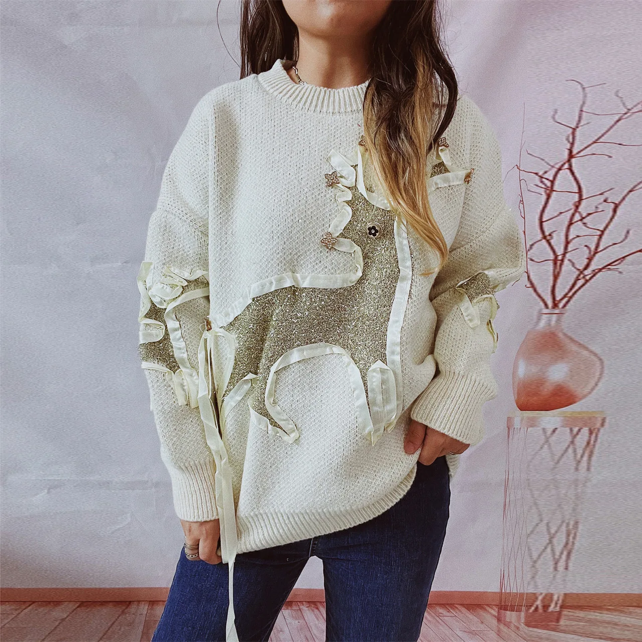 Autumn And Winter New Christmas Sweater Ribbon Gold Jacquard Deer Round Neck Thickened Knitted Pullover