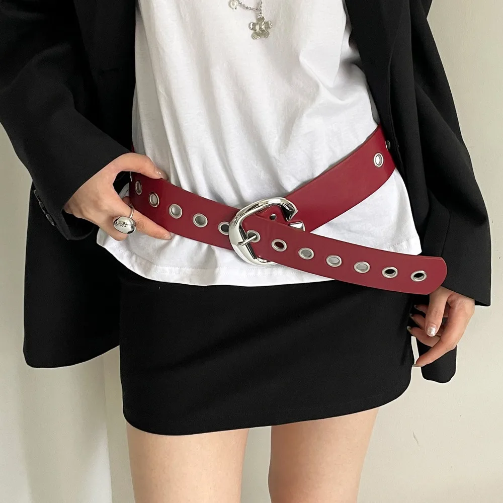 

Retro Double-Row Hole Women Wide Belt Vintage Metal Buckle Leather Waistband Jeans Girdle All Match Punk Style Belt Women