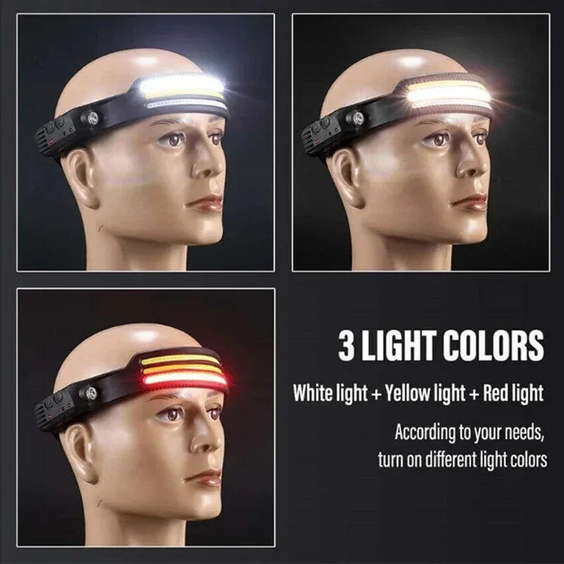 LED Camping Headlamp with Induction Built-in Battery USB Rechargeable Work Light Super Bright Flashlight Lantern