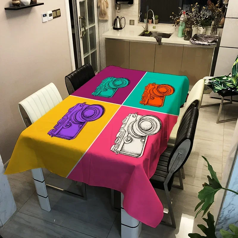 Retro Camera Cartoon Tablecloth Home Living Room Table Mat Kitchen Dining Table Cover Washable Dustproof Wedding Decoration