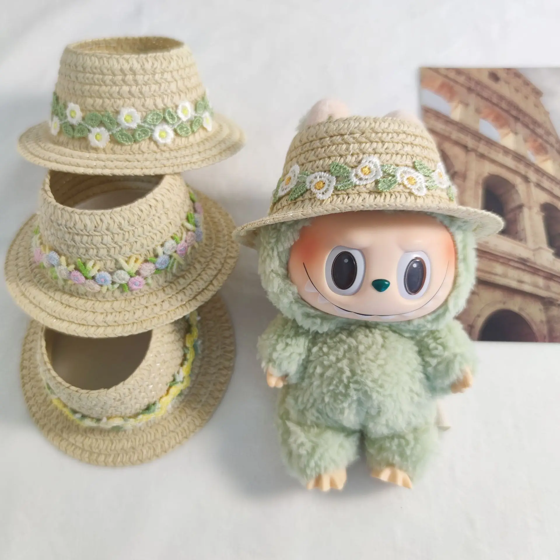 

Clothes For Labubu Open-Top Brimmed Straw Hat 1st 2nd 3rd Gen 17cm Labubu Sitting Party Outfit Accessories