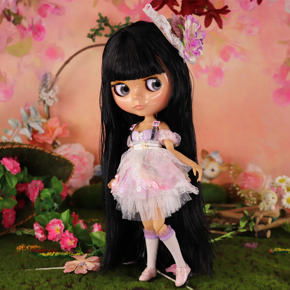 ICY DBS Blyth Doll 30cm Long Black Hair Tan Skin Glossy Face 19 Joints Body Doll Including Clothes & Shoes Girls Festival Gifts