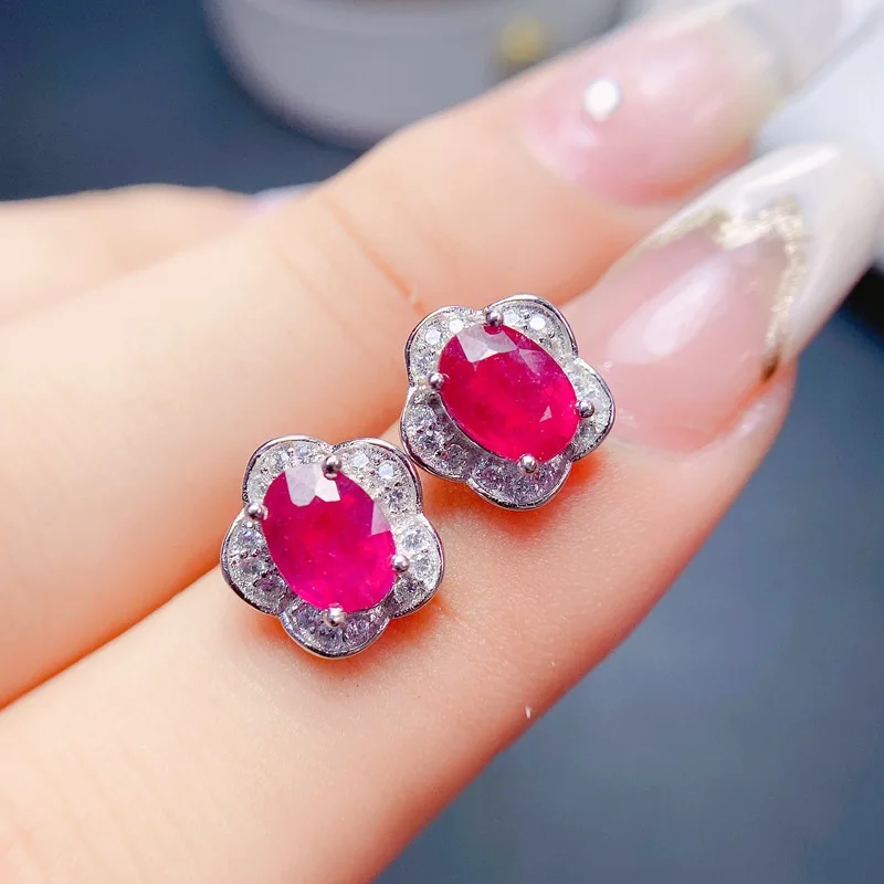 

Ladies Stud Earrings Natural Genuine Ruby with Certificate Gemstone Pure S925 Silver 7*5mm