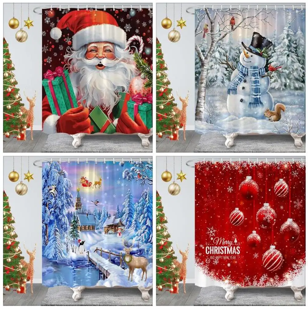 

Christmas Theme Bathroom Shower Curtain Cute Cartoon Snowman Father Christmas With Lots Of Gifts Merry Christmas Bathroom Decor