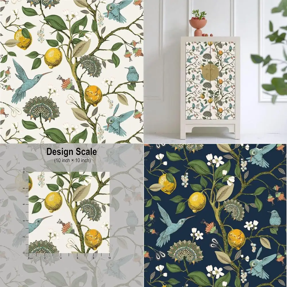 جدارية حائطية مزهرة على شكل طائر أزرق مع ورق حائط على شكل عصا قشر الليمون الطازج لديكور الحائط ذاتي اللصق، بطول 48.4 قدم مربع #1