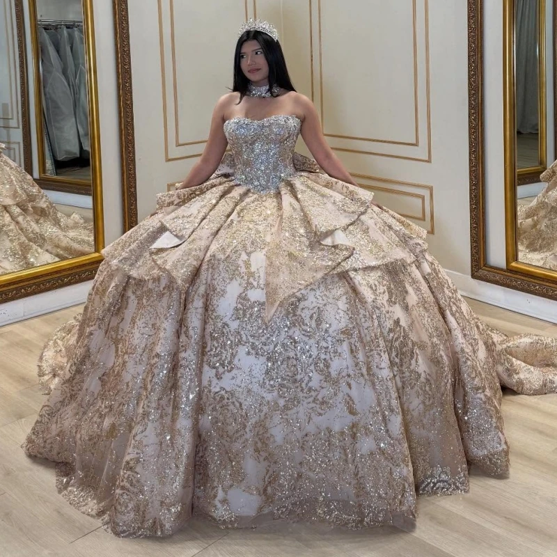 Robes de Quinceanera brillantes or Rose, robe de bal, épaules dénudées, paillettes appliquées, dentelle, perles, nœud en cristal, Corset, fête d'anniversaire