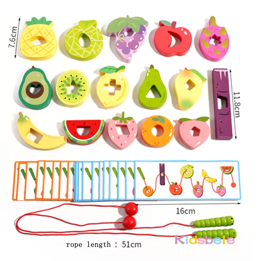Holzwurm isst Obst Einfädeln Schnürspielzeug Farbform Kognitives sensorisches Spielzeug Geschenk Kleinkind Feinmotorik-Training Montessori-Spielzeug