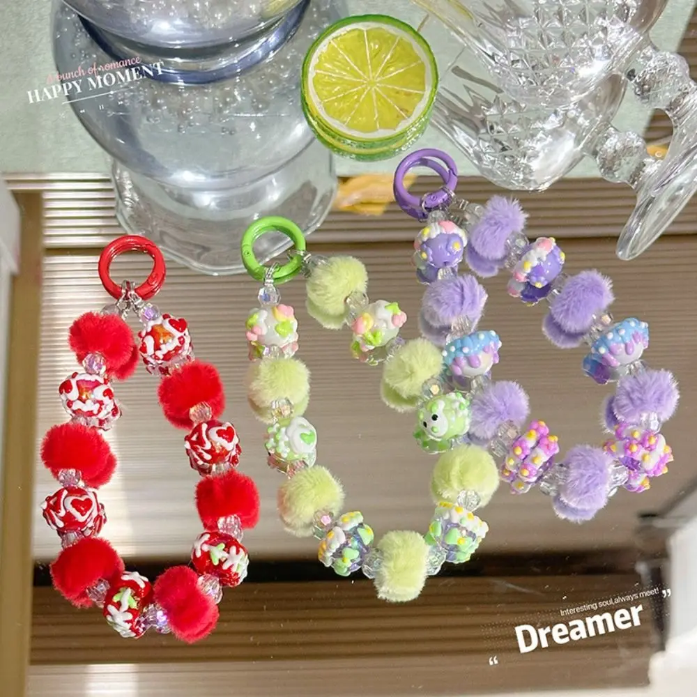 New Plush Mobile Phone Strap Colorful Beaded Phone Lanyard Hand-painted Chain Phone Charm Rope