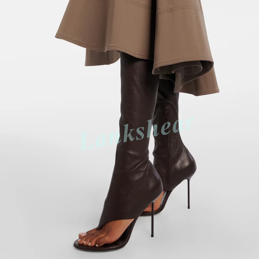 Black Leather Thong Knee-High Boots for Women Open Toe with Inner Side Zipper Thin Stiletto Heel Sleek Edgy Footwear for Party