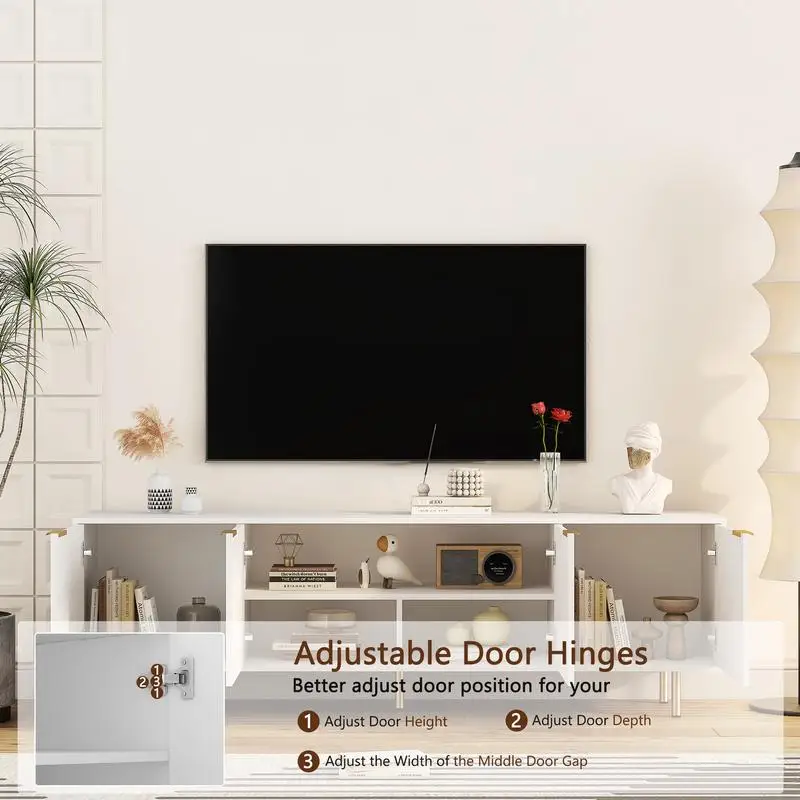 Gecanneleerd wit 68" tv-meubel, modern entertainmentcentrum met opbergdeuren, mediaconsole voor 55"+ tv's, woonkamermeubilair