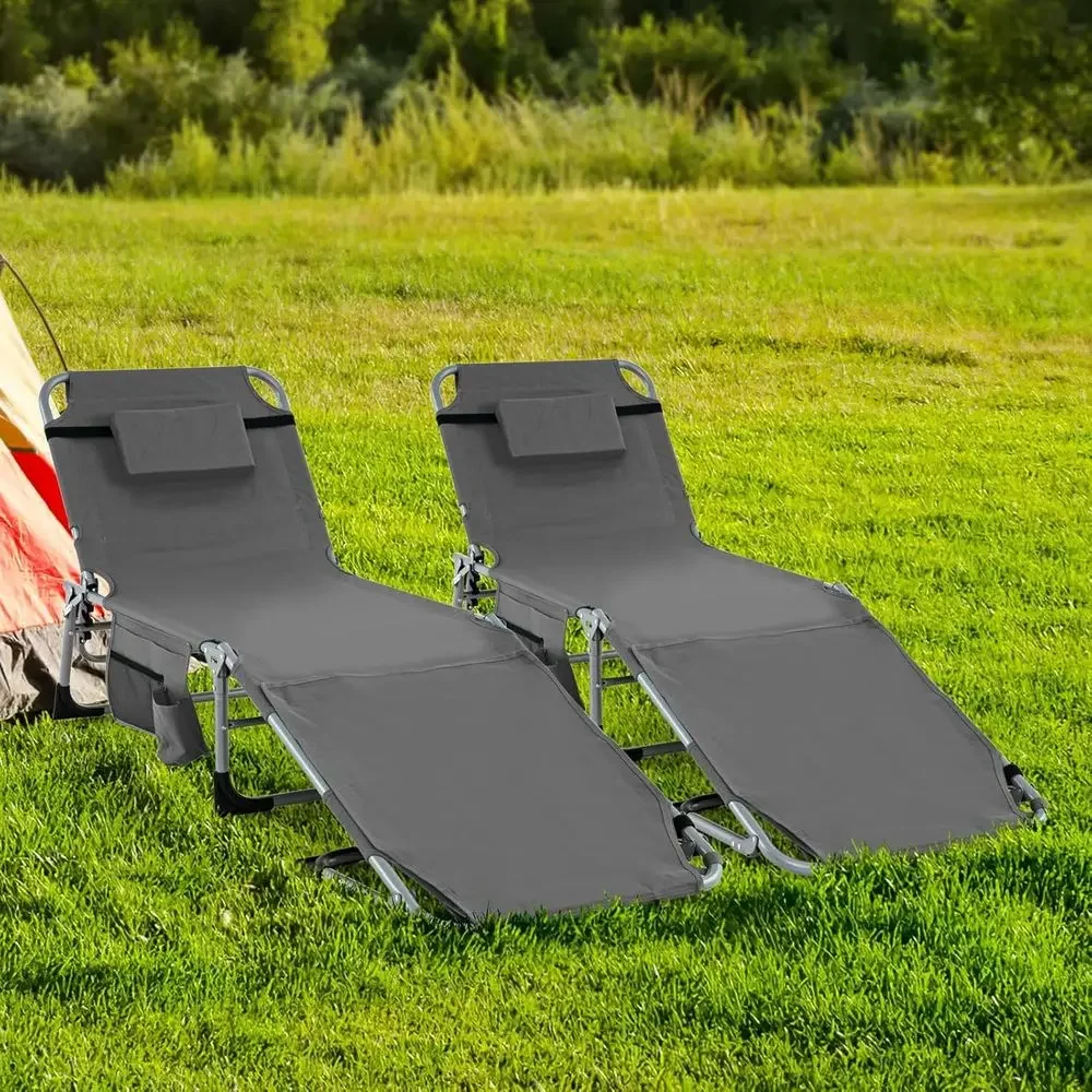 Adjustable Outdoor Beach Lounge Chair with Hole, Removable Pillow, Storage Basket, 5-Position Sunbathing (2, Grey)