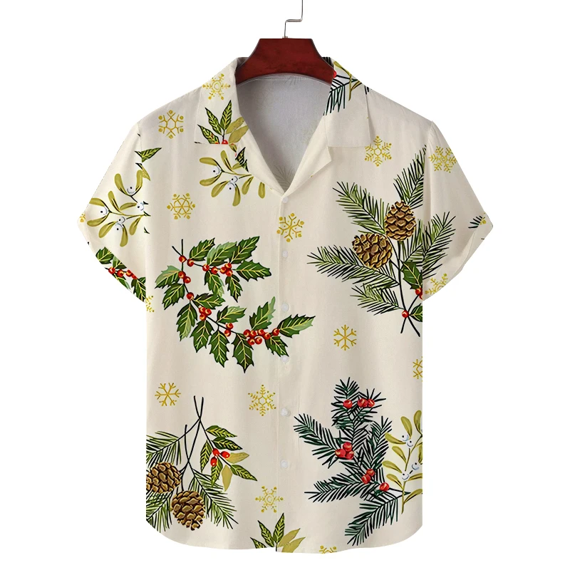 Men's Summer Cuban Collar Short Sleeve Shirt Christmas Pine Tree Pine Cone Print Men's Comfortable Breathable Shirt