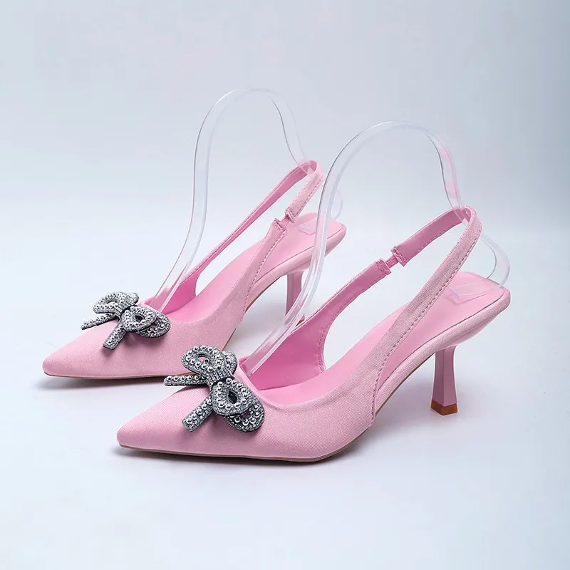 

New Style Sexy Silk Pointed Toe Butterfly-knot Crystal Buckle High-heel Sandals Summer Women's Leather Lining Slides Party Shoes