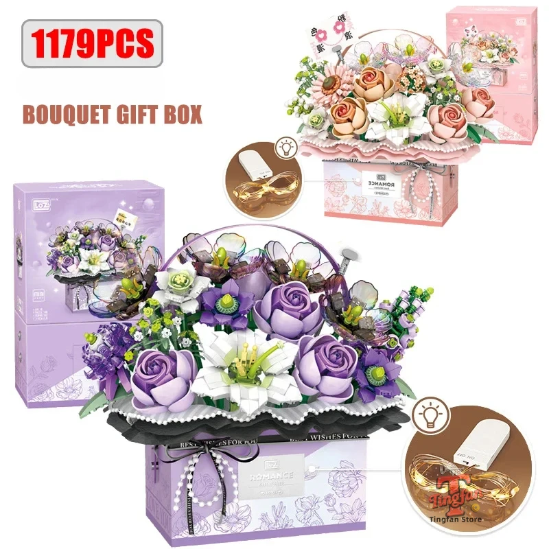 

Модель букета розовых роз, светодиодные строительные блоки, лампа, фиолетовый цветок, люминесцентный костюм, подарочная коробка, кирпичи для мальчиков и девочек, праздничные игрушки, подарки