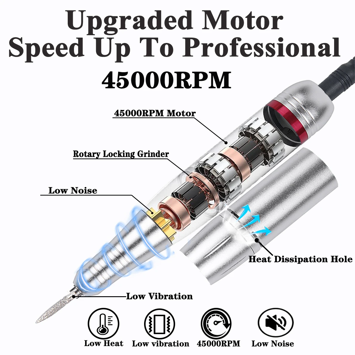 Taladro eléctrico para uñas de 45000 RPM, lima eléctrica con pantalla HD, pluma de manicura de Metal, lijadora de torno profesional para uñas