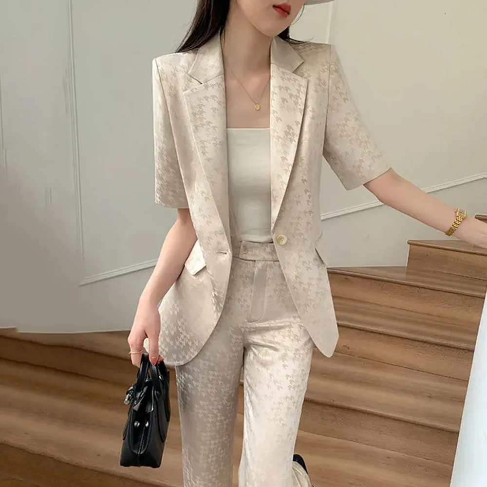 Quality Jacquard Pant Sets Women\'s Summer Professional Acetic Acid Slim Jacket Blazers High Waist Wide Leg Trousers 2 Piece Suit