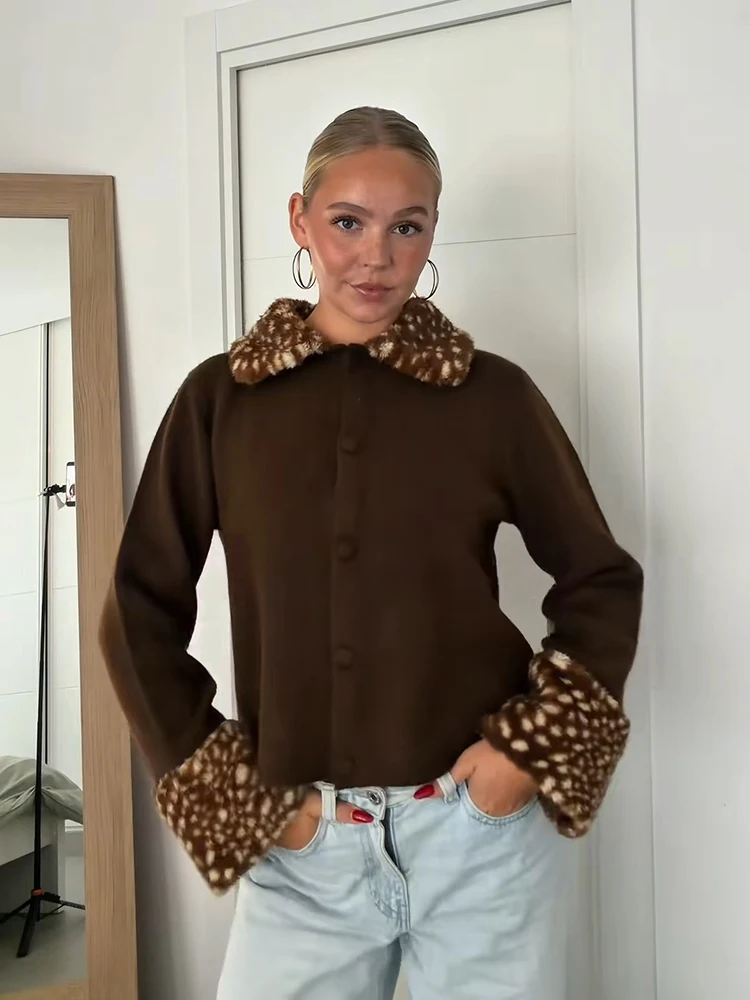 2026 Women Deer Printed Faux Fur Collar Cardigan Coat Long Sleeve Single Breasted Cropped Warm Elegant Daily Outerwear Street
