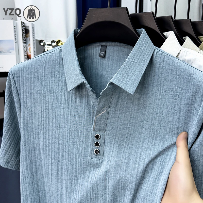 Daily Office Wear Mens Three Button Polo Short Sleeve Subtle Vertical Texture Soft Air Permeable Fabric Stretch Casual Top