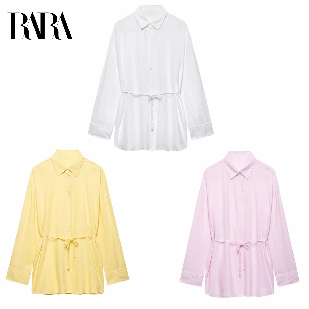 

RARA Womens Linen Loose Shirt Waist Tie Design Stylish Collar Long Sleeve Button Detail Relaxed Fit Ladies Fashion