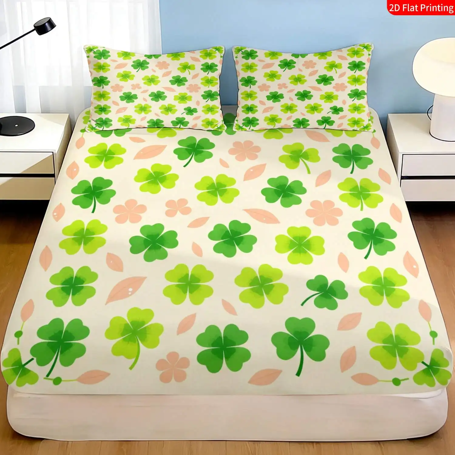 Four-Leaf Clover Bed Sheet Set Suitable for Bedroom Decoration, Includes Fitted Sheet and Pillowcases, Three-Piece Bedding Set (1 Fitted Sheet + 2 Pillowcases), Large Deep-Pocket 2D Printed Fitted Sheet and 2 Pillowcases, Mattress Protector, Fitted Elastic Sheet, Protective Cover, Mattress Protector, Suitable for All Seasons, Machine Washable Design, Holiday Decoration, Various Sizes, Breathable Protective Cover with Pillowcases